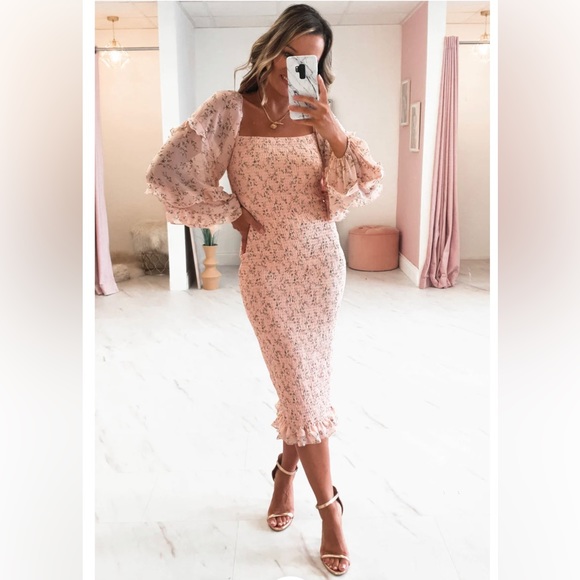 Two Sisters Label Midi Dress Shirred Stretch Bodycon Pink Floral Cocktail Size 8 - Picture 4 of 13